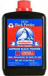 Black powder, SWISS, 1 pound, made in Switzerland, coarse granulation for large bore shotguns, muskets, cartridges. Shipped in full cases, 25 one pound cans, any mix of granulations, any mix of brands.

